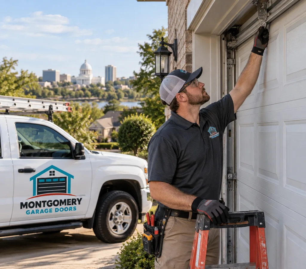 Residential sectional garage door in a Montgomery driveway with a contractor inspecting the door and track at the header