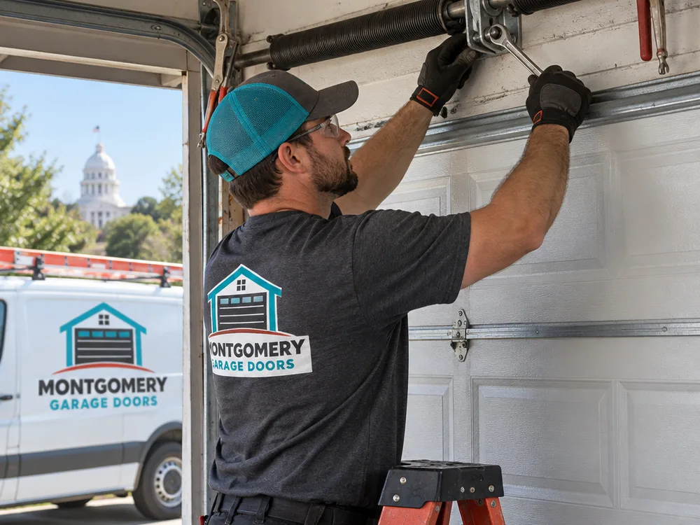 Contractor checking a torsion spring and center bearing plate above a closed garage door with clamps in place