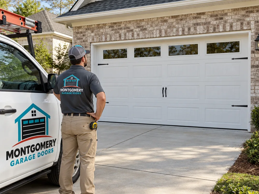 Residential garage door sitting level and closed evenly with a clean reveal on both sides