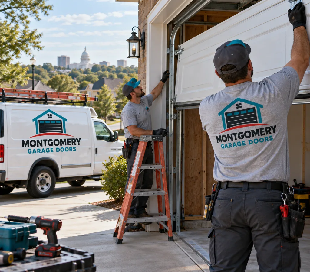 Residential overhead garage door being installed on steel tracks at a suburban Montgomery home