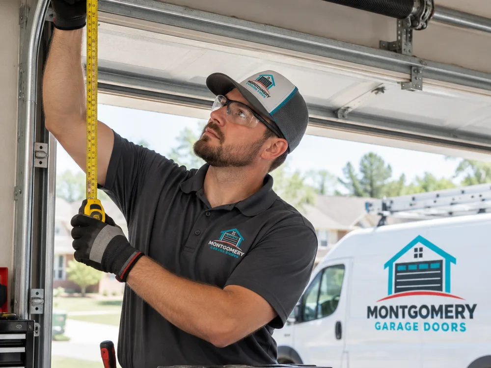 Contractor measuring a garage door opening, headroom, and track clearance