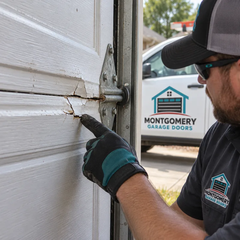 Damaged garage door panel with a crease and cracked paint at the hinge line