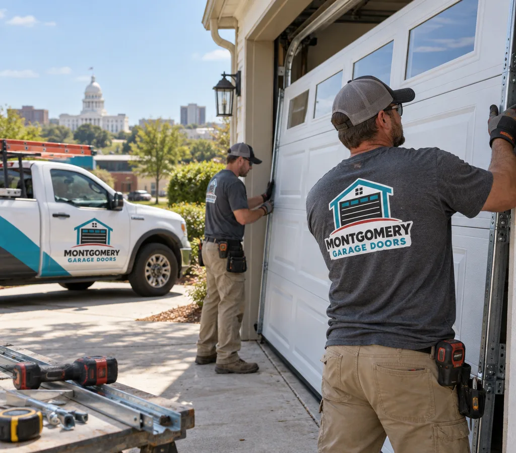 Residential garage door replacement in progress with a contractor guiding a new sectional steel door into a single-family home opening