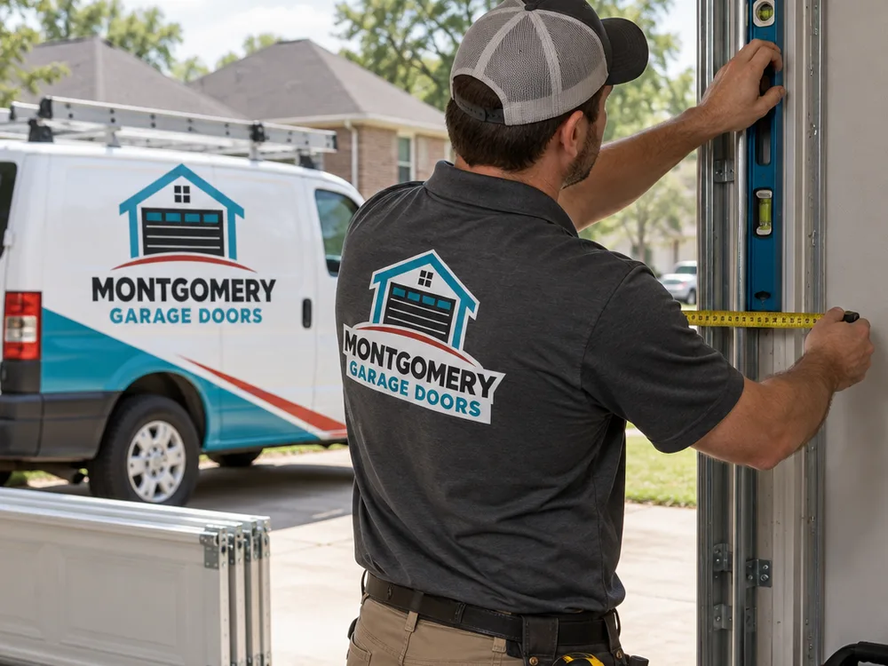Contractor measuring a garage door opening and checking the track with a level before installing replacement sections