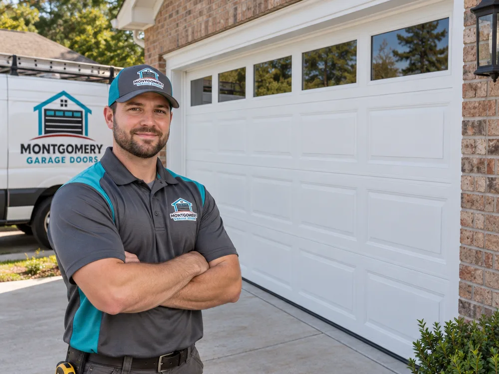 Finished installation of a new insulated steel sectional garage door on a brick home with a clean perimeter seal and even reveal