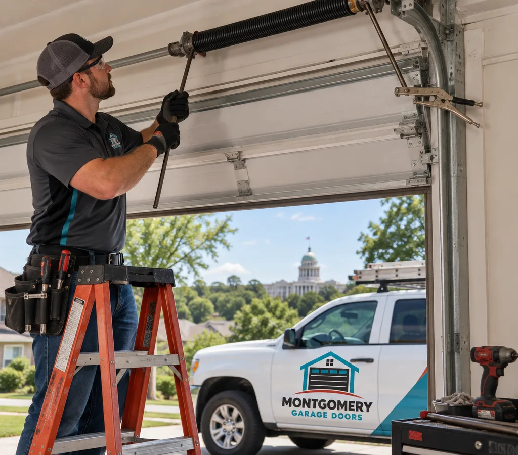 Residential garage door with a technician safely preparing to service the spring system using a ladder, track clamps, and winding bars