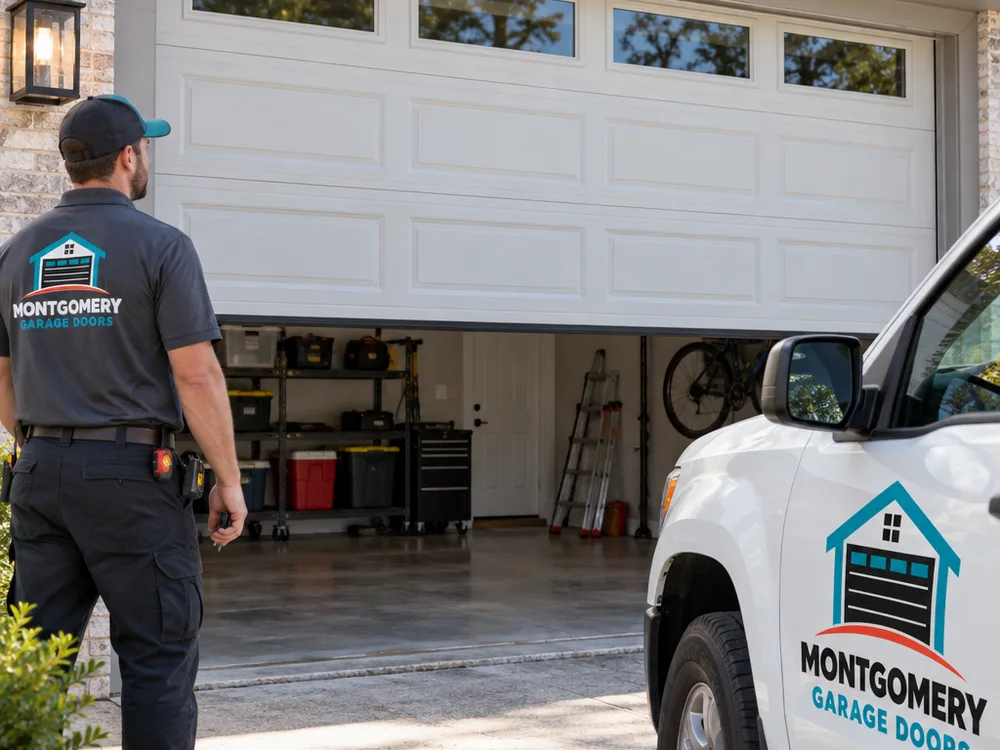 Residential sectional garage door halfway open with even spacing and level alignment after balancing