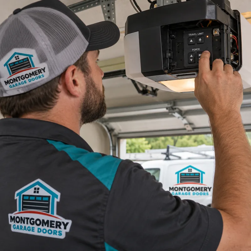 Technician adjusting garage door opener travel limit and force settings using the housing controls
