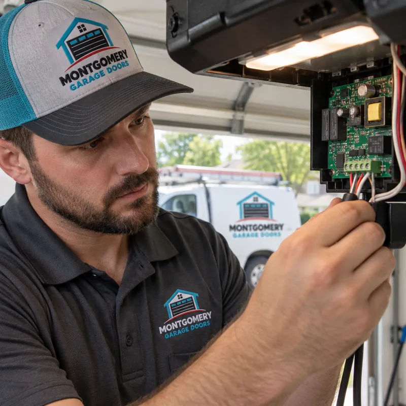 Garage door opener circuit board and wiring terminals being checked by a technician