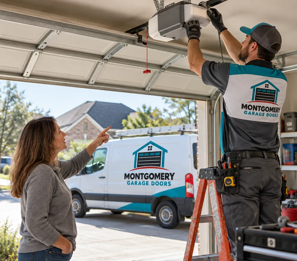 Homeowner pointing at a ceiling-mounted garage door opener while a contractor checks the unit and rail connection