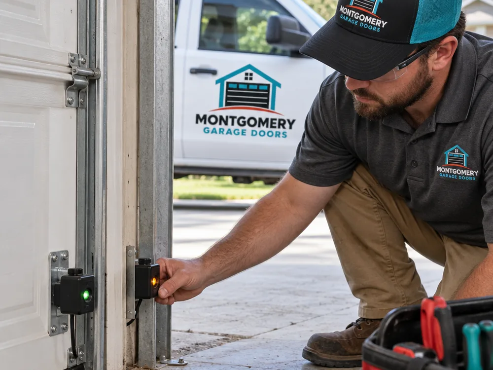 Garage door safety sensors mounted near the floor with alignment indicator lights