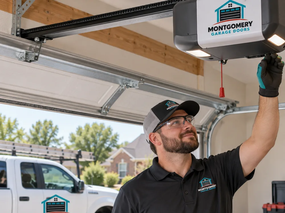 Belt-drive garage door opener installed with a straight rail and supported header bracket