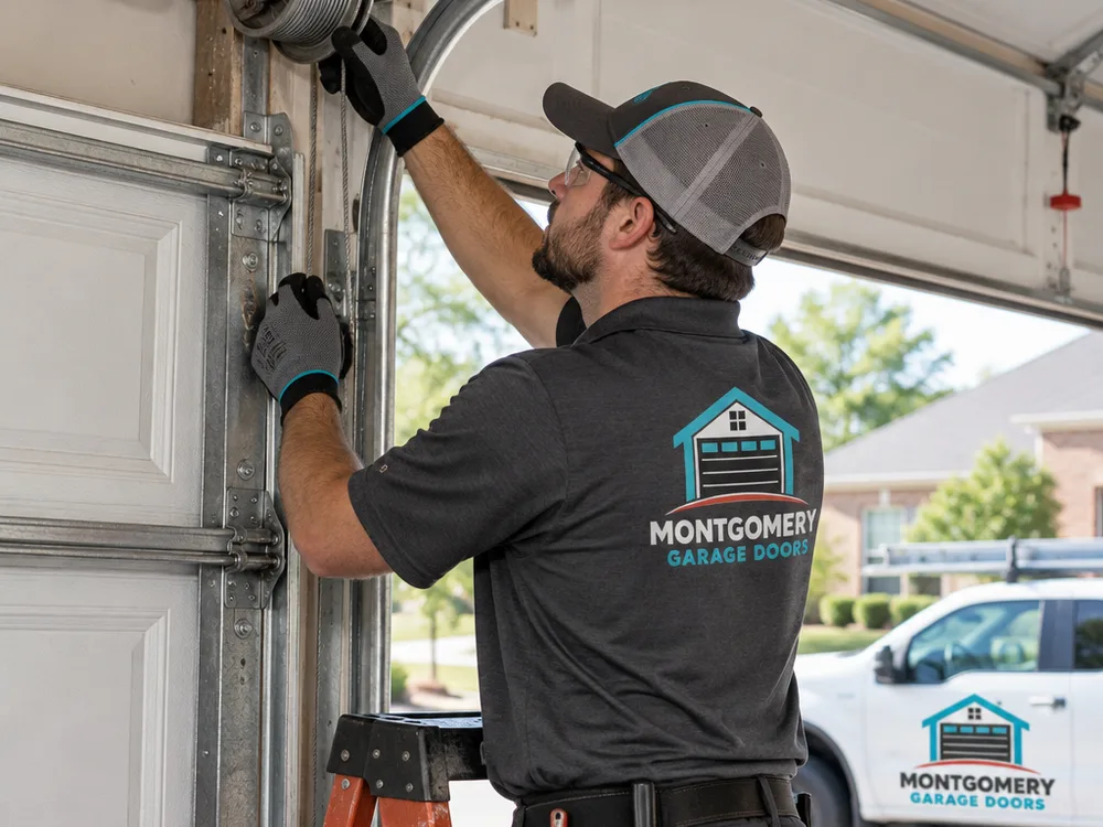 Contractor safely inspecting lift cable routing and the cable drum on a torsion-spring garage door
