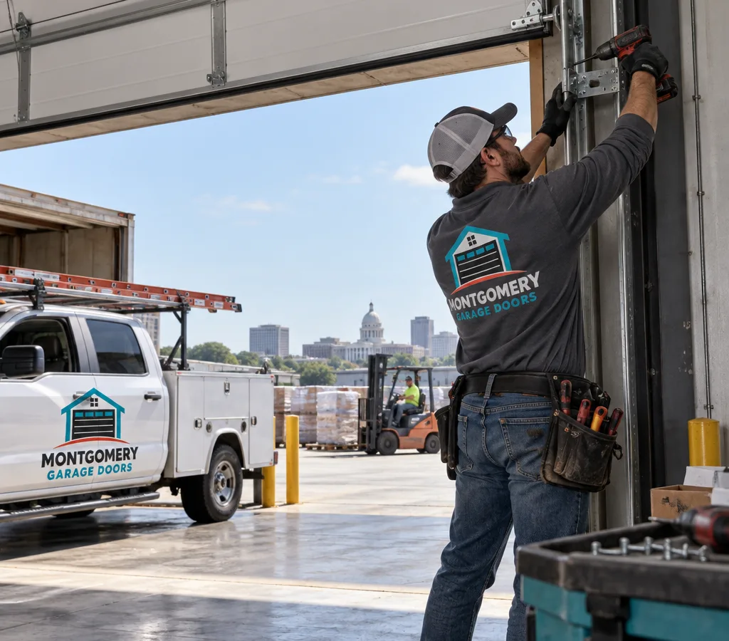Contractor preparing to install a commercial overhead sectional door and tracks inside a loading area