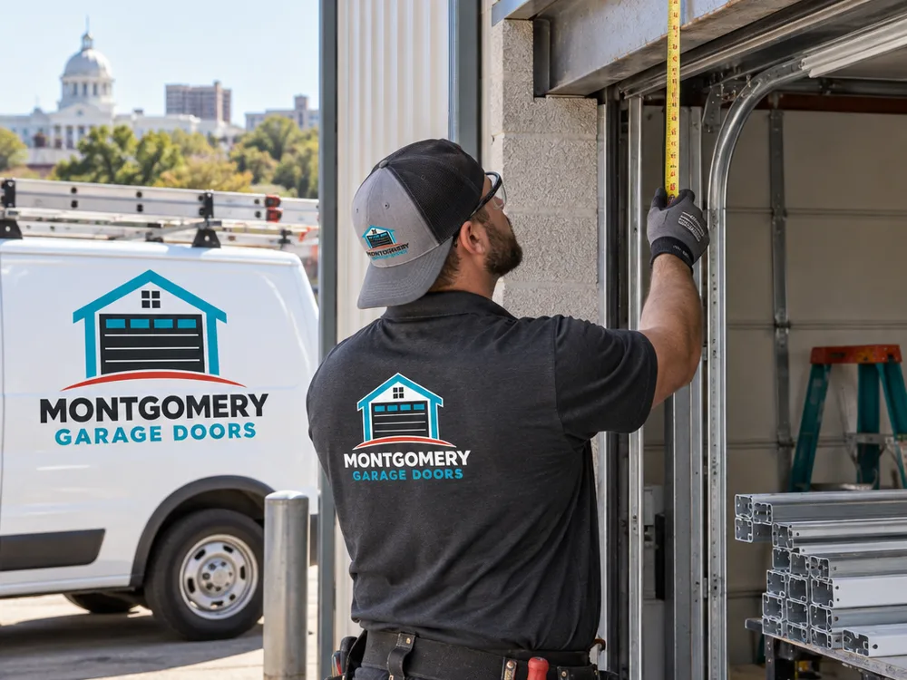 Contractor measuring a commercial door opening and checking headroom clearance with track components nearby