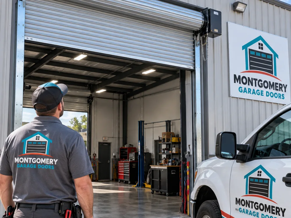Rolling steel roll up door installed at a commercial service bay with barrel and guides visible