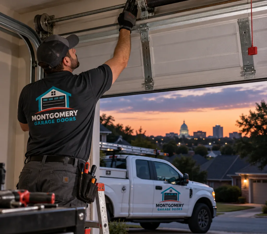 Residential garage door partially open at dusk while a contractor inspects the torsion spring area
