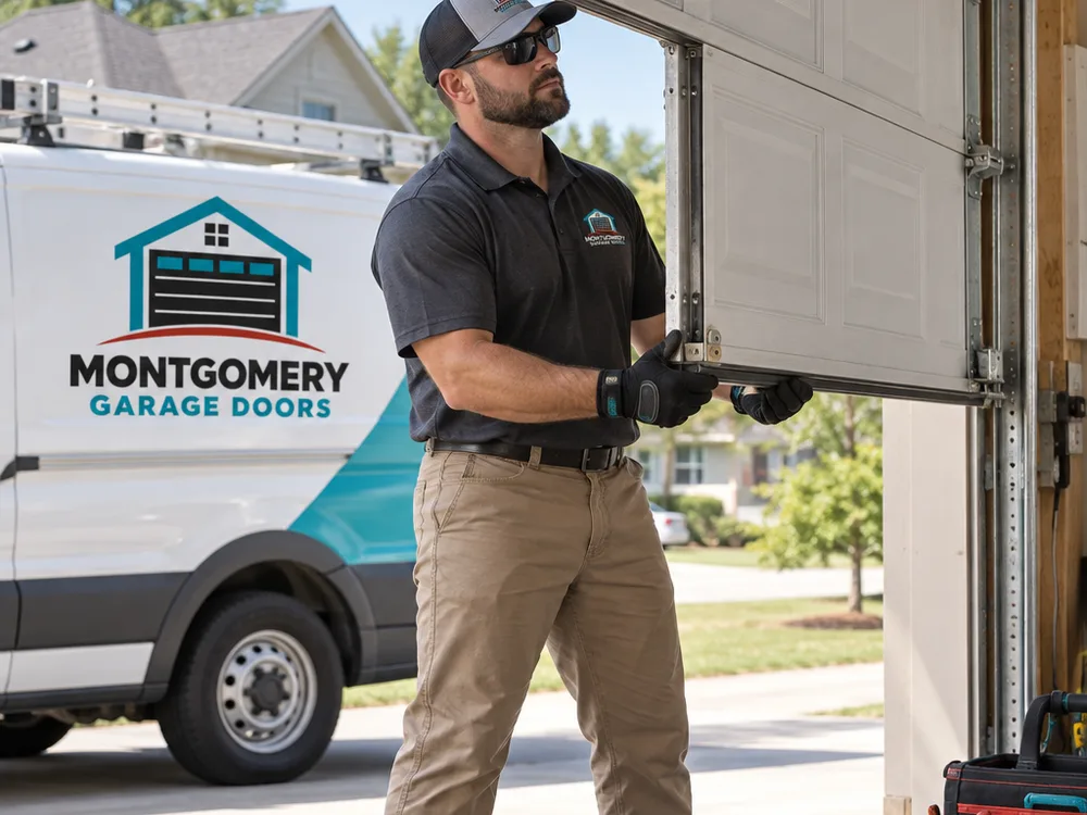 Contractor testing garage door balance by manually lifting a sectional door to waist height