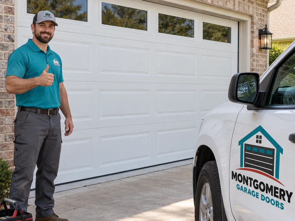 Garage door aligned properly in its tracks with even panel spacing after hardware adjustments