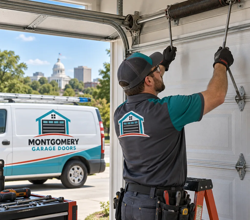 Contractor servicing a visible torsion spring assembly above a sectional overhead garage door