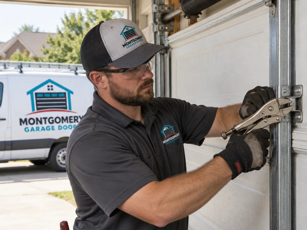 Contractor securing a closed garage door with locking pliers before torsion spring service