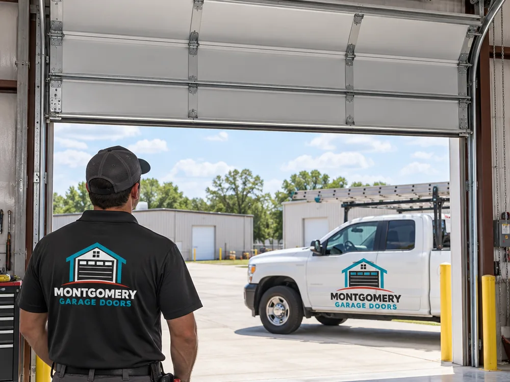 Commercial sectional overhead door fully open with torsion spring line visible above the warehouse bay