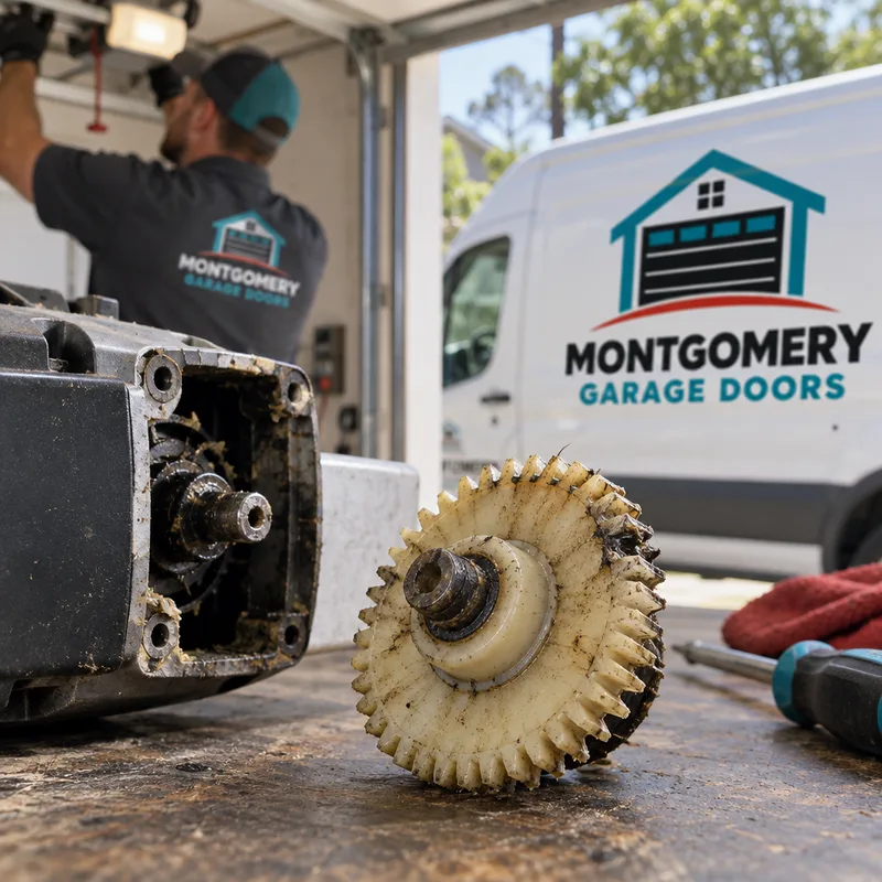 Worn garage door opener drive gear on a workbench beside the opener housing