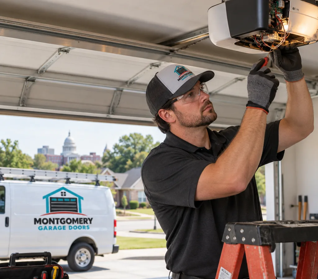 Contractor troubleshooting a residential garage door opener with its cover removed and the garage door visible behind it