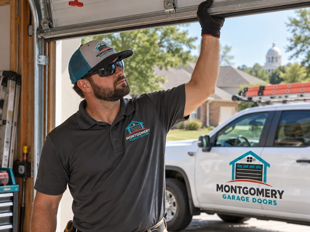 Contractor checking garage door balance by lifting the door by hand with the opener disconnected