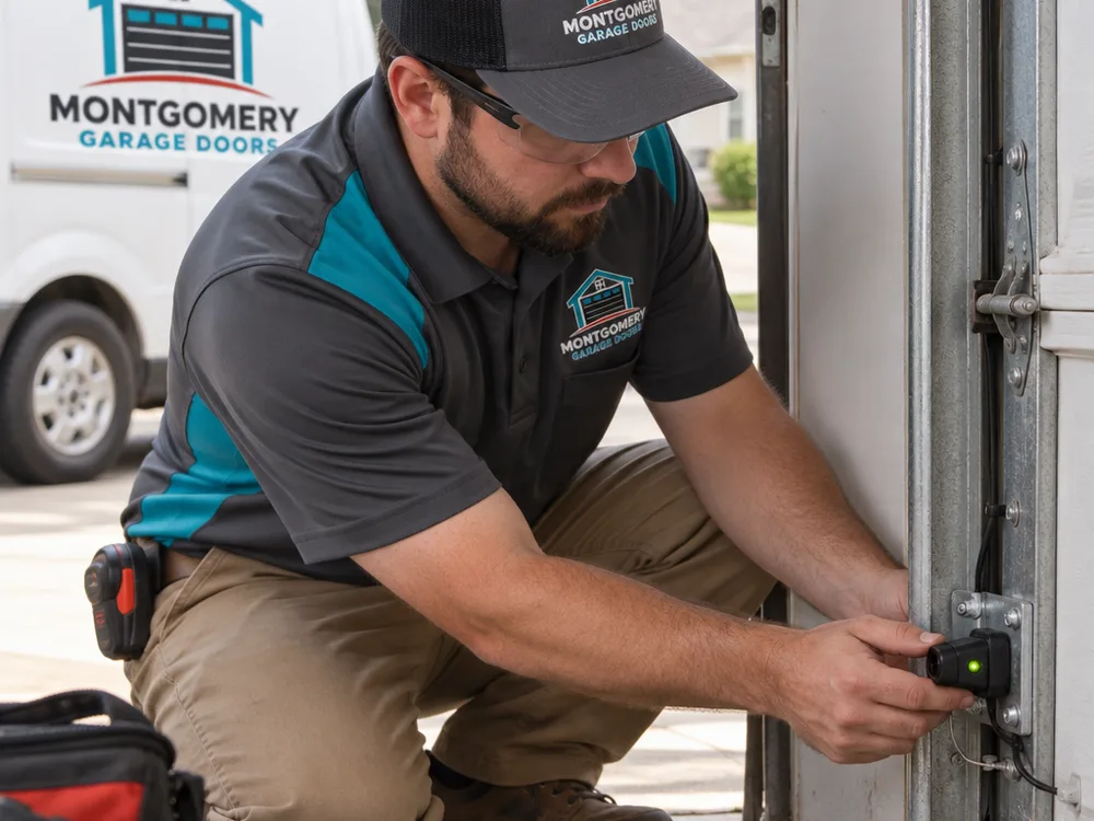 Contractor aligning garage door safety sensors near the bottom of the tracks