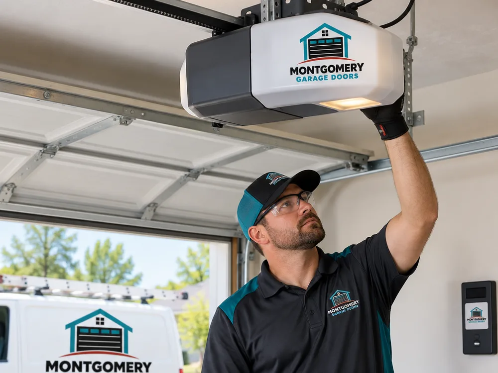 New belt-drive garage door opener with tidy ceiling wiring and a modern wall control
