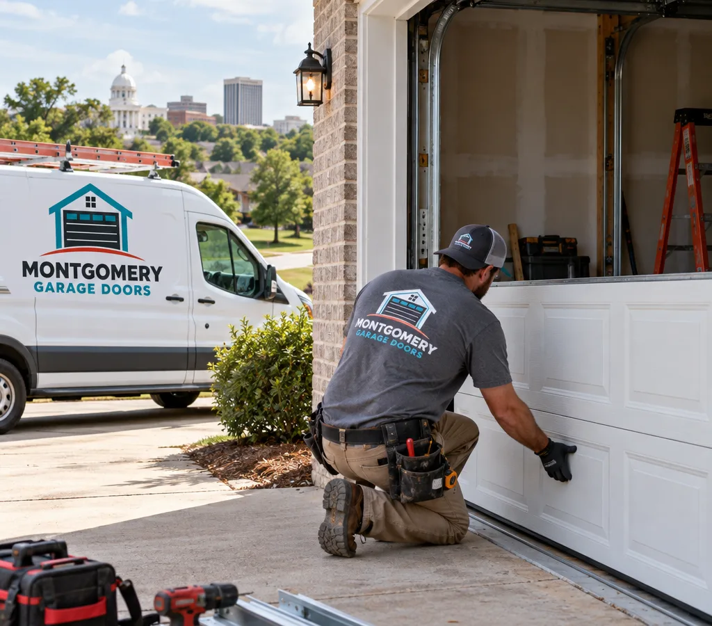 Residential sectional garage door being installed on a two-car opening with an installer aligning the bottom section on its tracks