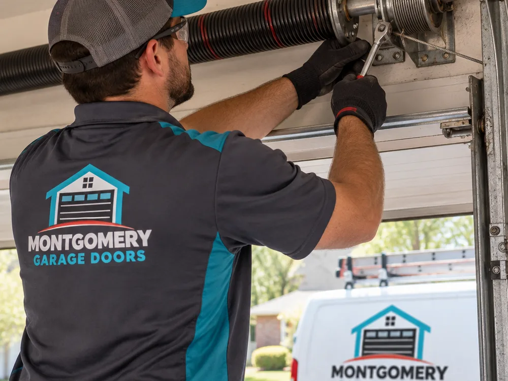 Contractor inspecting a garage door torsion spring and cable drum assembly with hand tools