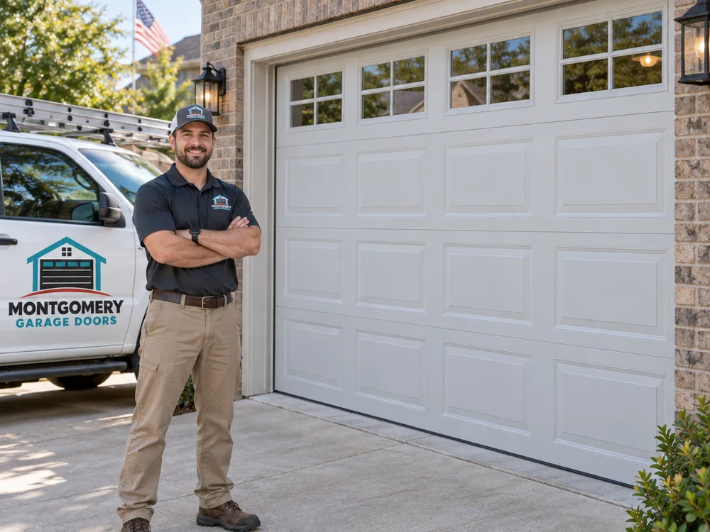Finished insulated sectional garage door with a clean perimeter seal and an even reveal around the opening