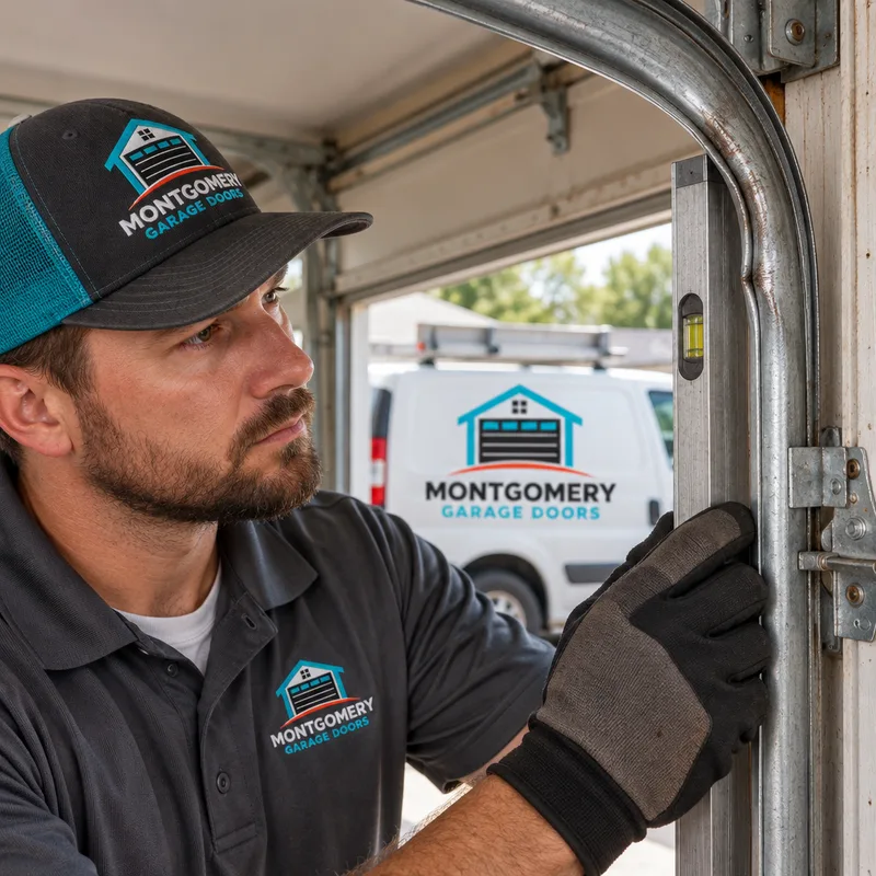 Contractor using a straightedge to show a bend in a garage door track