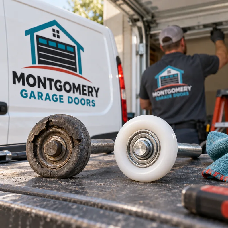 Cracked garage door roller beside a new roller showing the difference in wear