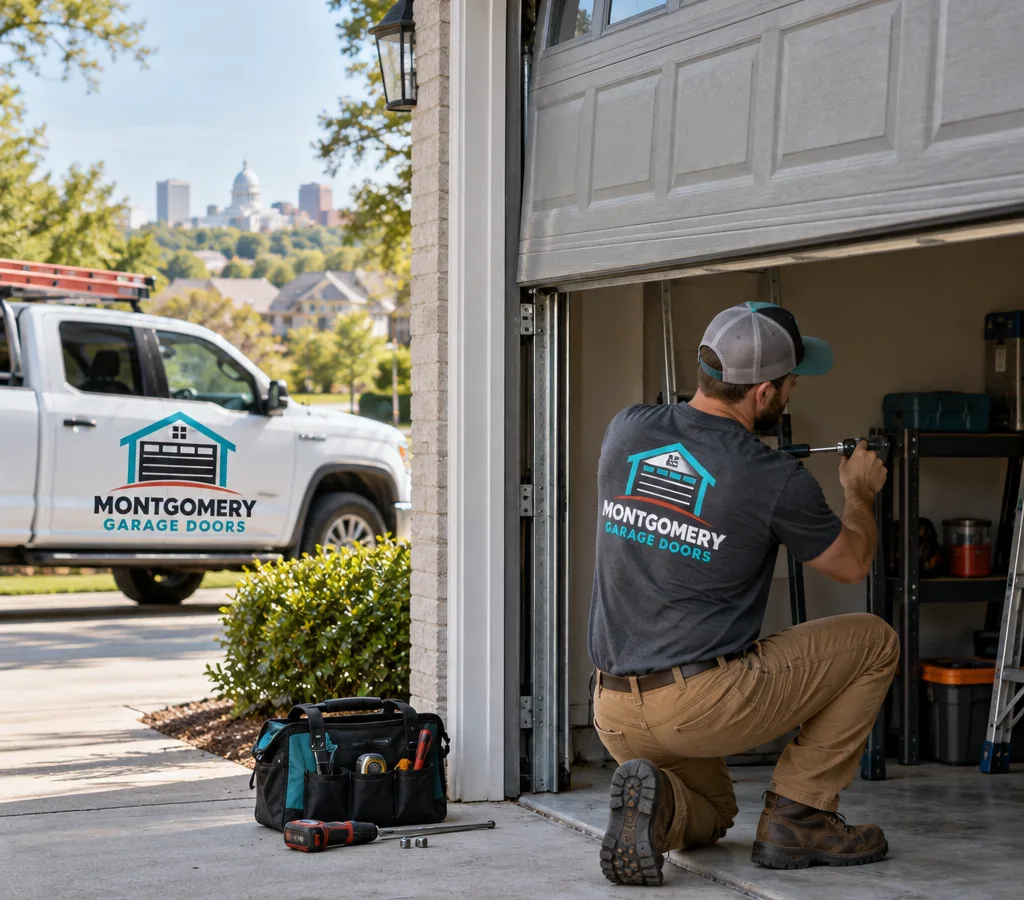 Residential garage door halfway open and slightly crooked while a contractor inspects the track