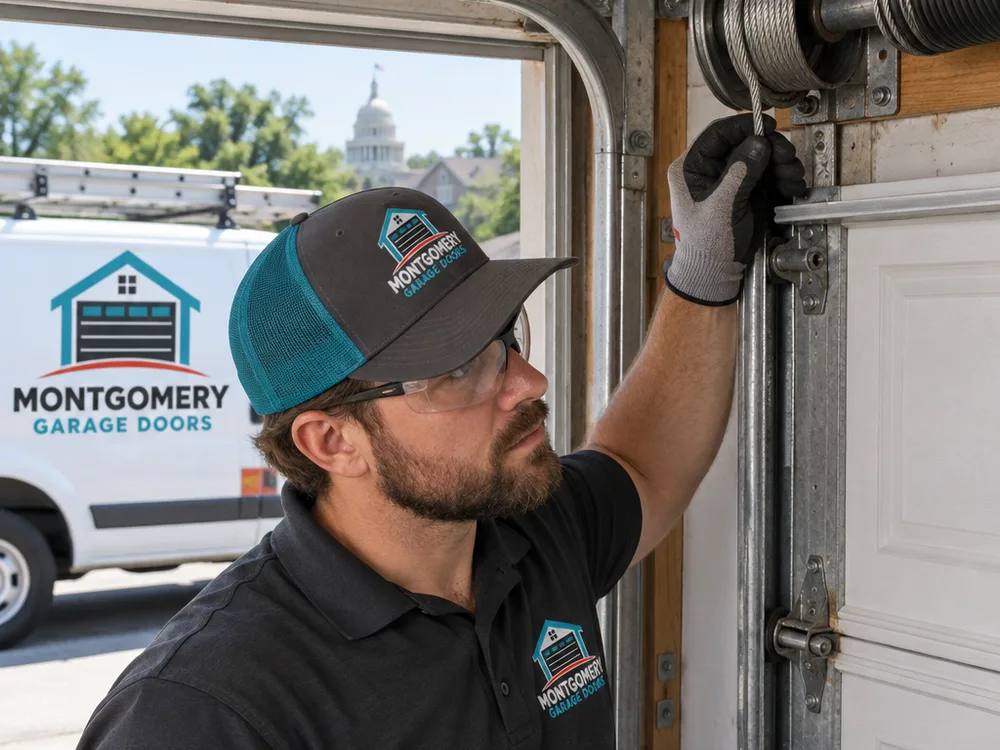Contractor checking a garage door lift cable near the drum on a torsion spring system