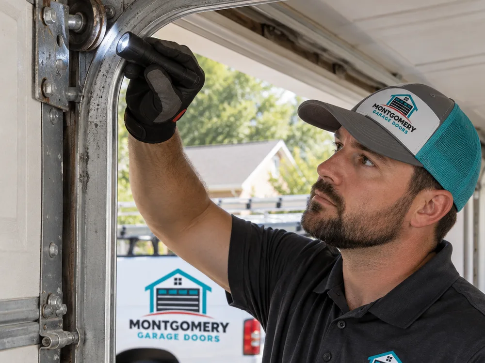 Contractor inspecting worn garage door rollers and scuffed track at the top corner bracket
