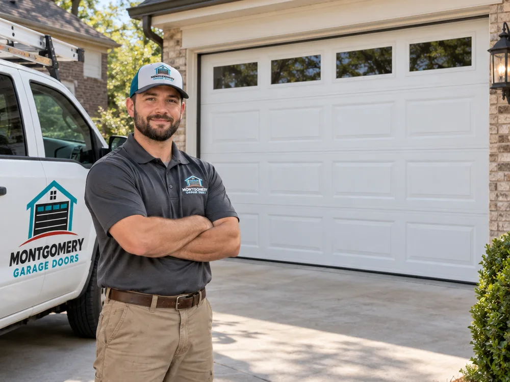 Residential sectional garage door closed evenly with aligned tracks and rollers