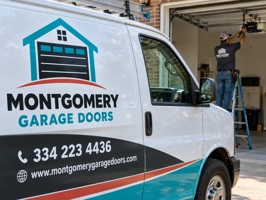 Contractor on a ladder inspecting a garage door opener rail, trolley, and mounting bracket
